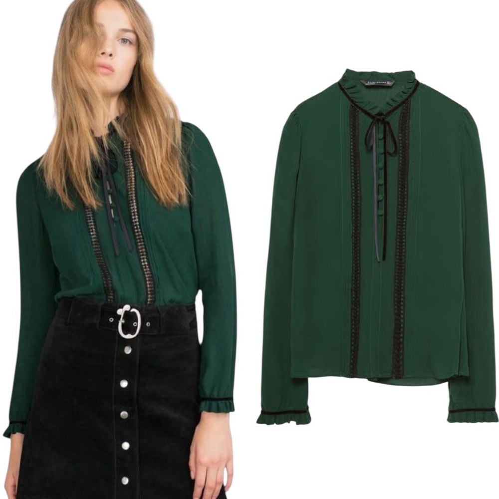 Zara Hunter Green Crinkly Black Velvet Neck Tie Crochet Lace Crop Blouse - XS